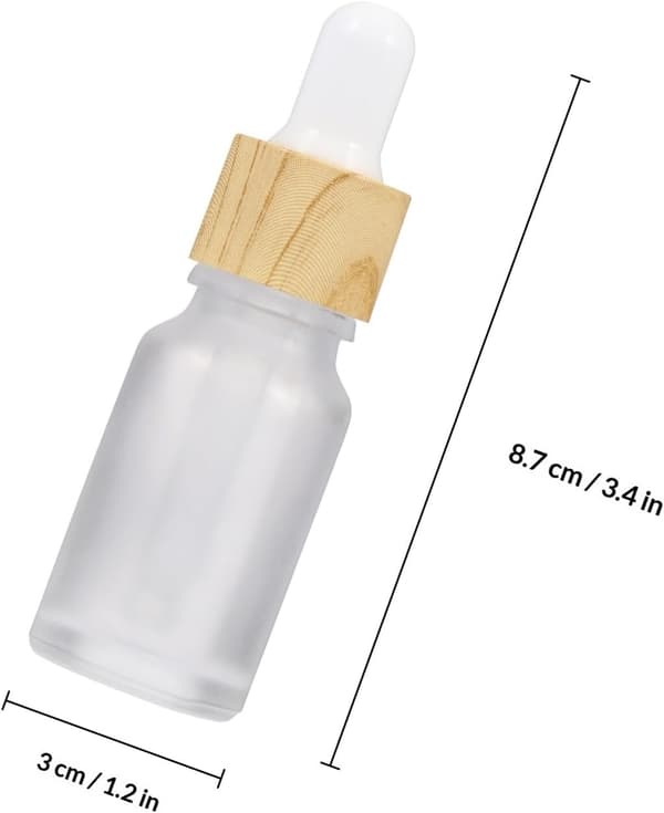 4 st 15 ml frostade påfyllningsbara eteriska oljeflaskor i glas med dropplock med träådring för resor och kosmetisk underförpackning