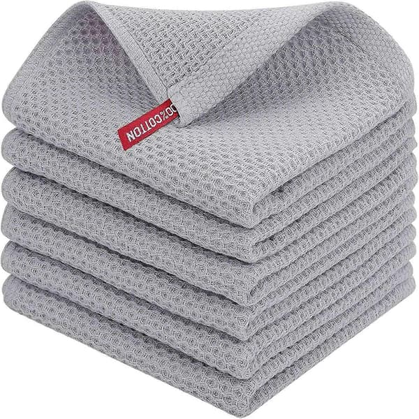 6-pack 34x34cm Waffle Weave Cotton Kitchen Towels, Quick-Drying and Absorbent Cleaning Cloth with Hanging Loop Light Grey