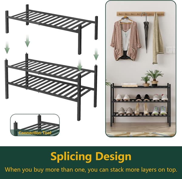 3-Tier Shoe Rack for Closet, Stackable Bamboo Shoe Rack for Entryway, Hallway, Bathroom, Versatile Freestanding Shoe Shelf Black