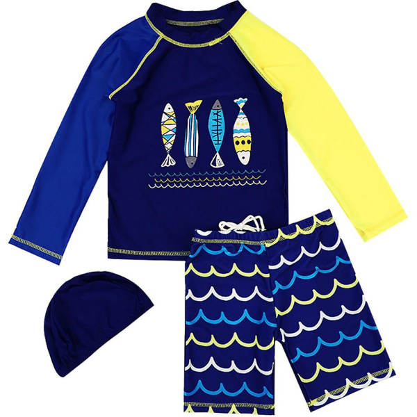 Pojkar Split Baddräkt Set Långärmad Rashguard Trunks And Hat Surfing Badkläder för barn Barn (da Dark Blue 6