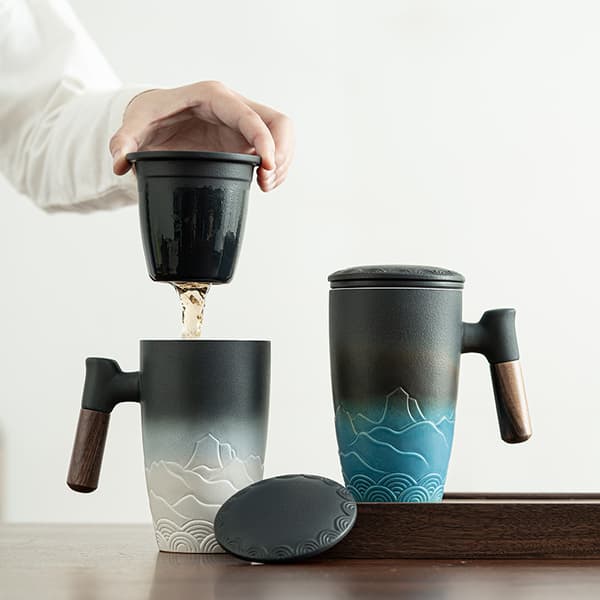 Tekop med låg, porcelæns tekop med rustfrit stål infuser, gradient stor keramisk tekop, perfekt til kontoret, sort 350ml