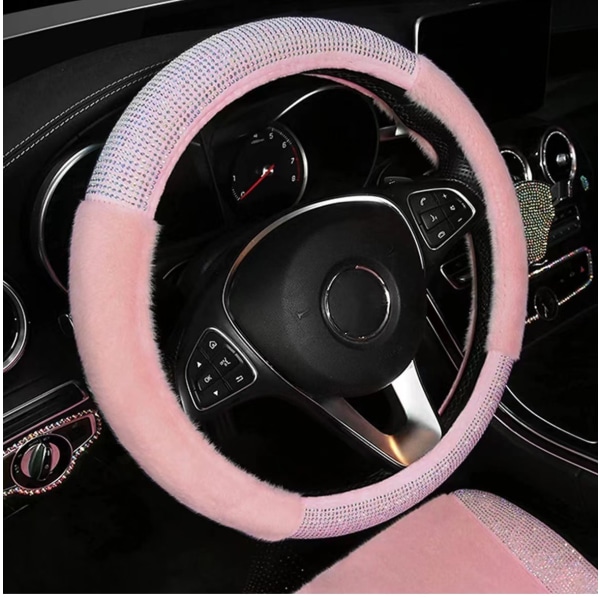 Pink Fluffy Steering Wheel Cover Universal 15 Tommer Myk Luksus Faux Wool Sklisikker Rhinestone Dame Jenter