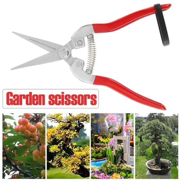 Stainless Steel Pruning Shears, Straight Precision Snips with Spring-Loaded Ergonomic Grip for Herbs, Flowers, Bonsai, Red