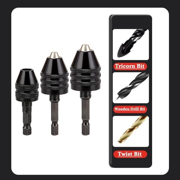Keyless Drill Chuck Adapter - 3 Drill Chucks for Impact Drivers, 1/4\" Hex Shank Chuck Conversion Adapters