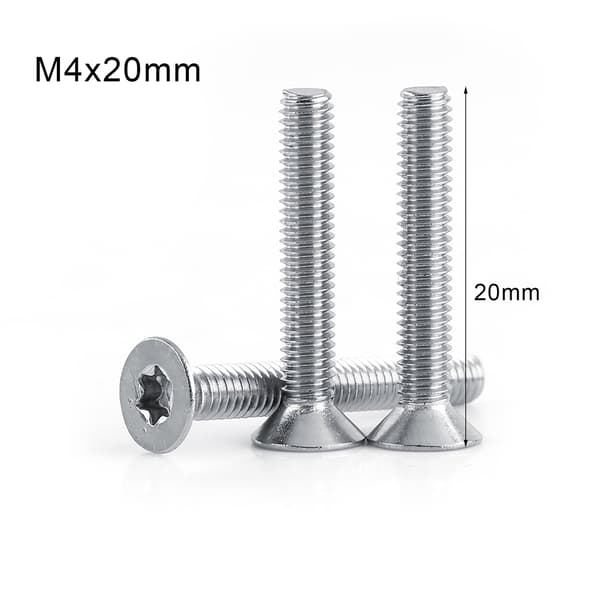 M4 maskinskruer i rustfritt stål med flatt hode, 20 mm lengde