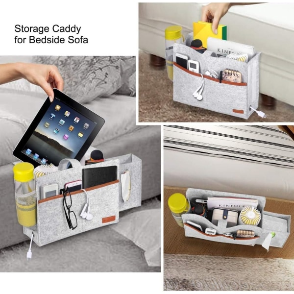 Sengebord Organizer, Filt Sengeoppbevarings Caddy med Vevboks og Vannflaskeholder, Magasin Telefon Tablett Fjernkontrollholder