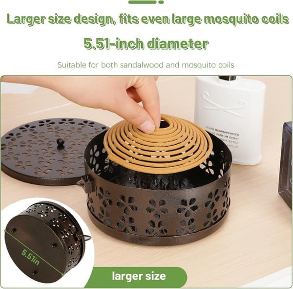 Portable Iron Mosquito Coil Holder with Handle, Round Heat-Resistant Incense Holder (Bronze)