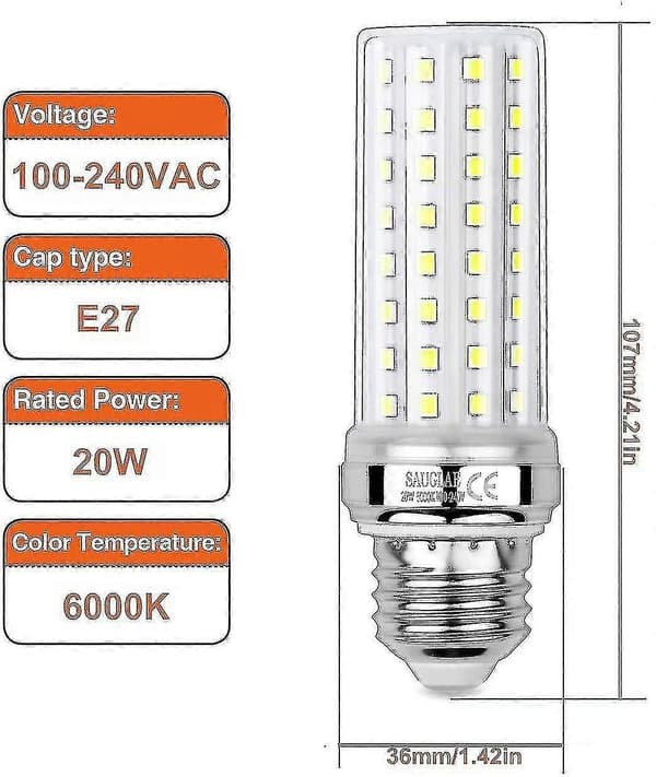 20W LED Corn Bulb, motsvarande 150W glödlampa, 6000K Kallvitt Ljus, E27 Edison Skruvbas, 3-pack