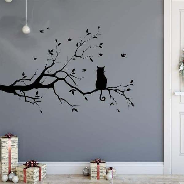 Black Tree Branches Wall Stickers Nursery Leaves, DIY Removable Vinyl Wall Art Decal Mural Home Decor (Cat)