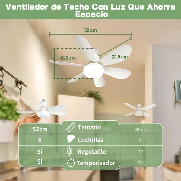 52 cm Silent Ceiling Fan with LED Light and Remote Control, 40W Ceiling Fan Lamp, with E27 Socket