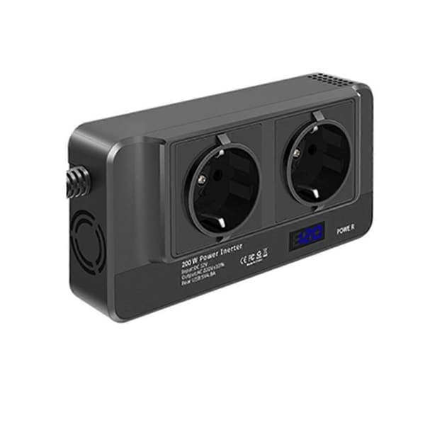 200W Bilomformer, Spenningsomformer 12V til 220V med Smart Tidsvisning LCD, 2 Uttak og 4 USB Ca