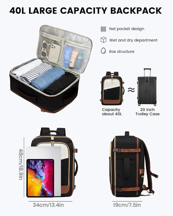 Women's Backpack, Large Carry-on Backpack, 40L Travel Backpack, Waterproof Laptop Backpack with Laptop Compartment, Travel Backpack
