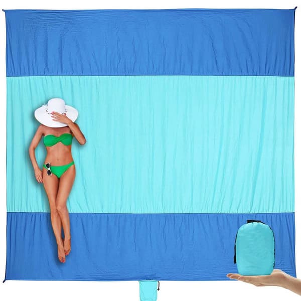 Beach Blanket Sandproof Waterproof, Extra Large Beach Mat, Oversized & Compact Sand Free Mat with 6 Stakes & 4 Corner Pockets