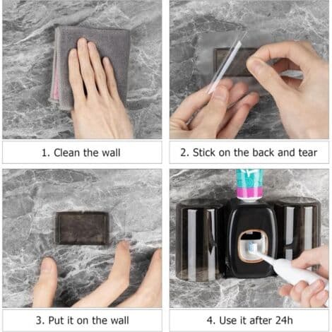 Wall-mounted Toothpaste Dispenser with Toothbrush Holder - 2 Mouthwash Cups - ABS Material - Drill-free Installation