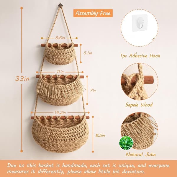 3-Tier Hanging Fruit and Vegetable Basket - Detachable Wall Net - Hand-Woven Jute Basket - Multifunctional Kitchen Rack