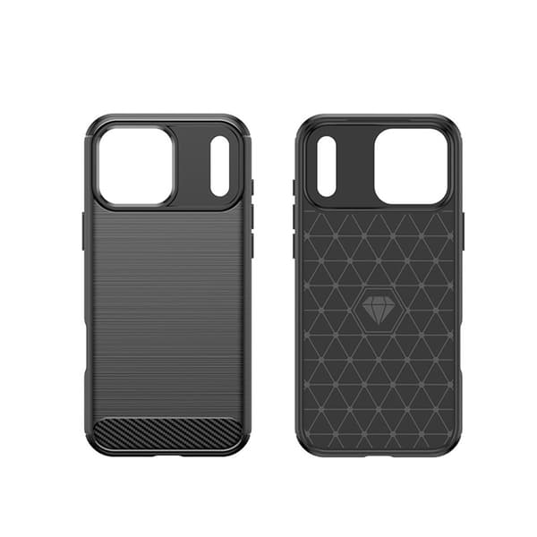 Sort TPU-etui kompatibelt med iPhone 17 Pro Max - Kulfibertekstur, stativ, magnetisk