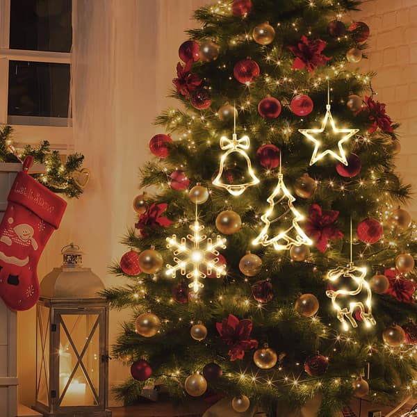 5-pack Christmas Tree Lights with Timer, Battery Operated Christmas Lights with Warm White Light, Snowflake, Tree, Star, Deer, Bells, LED