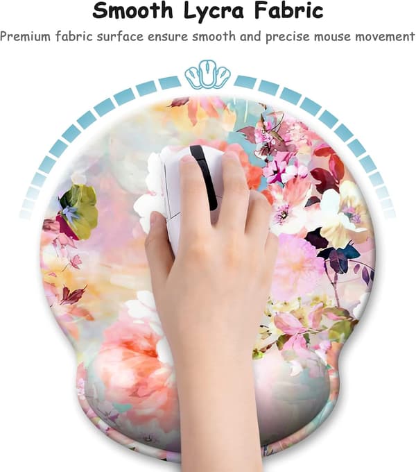 Ergonomisk musematte med håndleddsstøtte, blomstermusematte med håndleddsstøtte i minneskum, laptopdekorasjon, rosa blomster
