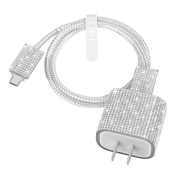 Sett med beskyttelsesdeksel for iPhone 20W USB-C-lader, glitrende diamantladerdeksel, egnet for jenter, myke glitrende ladekabeldeksler.