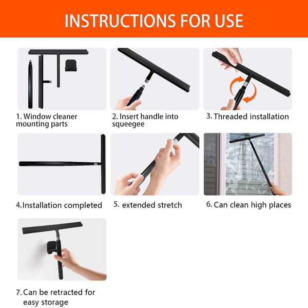 Extendable Shower Squeegee with Long Handle Window Cleaner for Bathroom Glass 30-110cm Black