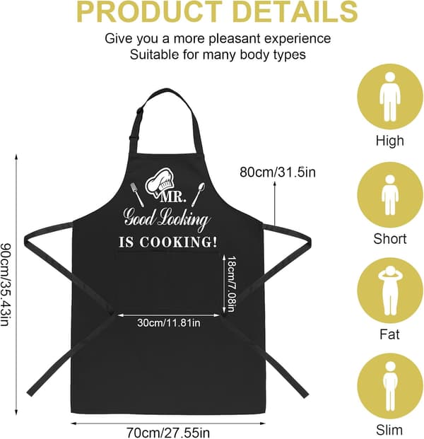 Funny Cooking Apron for Men with Double Pockets, Adjustable Bib Apron for Kitchen, BBQ, Gift, Mr Good Looking Is Cooking, Black