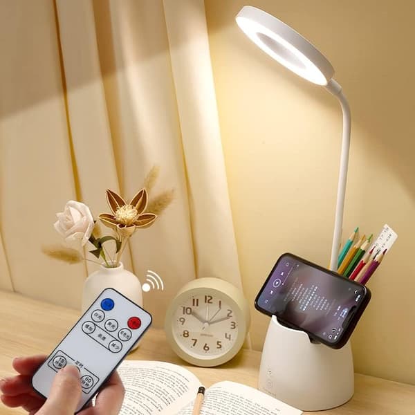 Fällbar LED-skrivbordslampa med pennhållare, fjärrkontroll och timerfunktion för ögonskydd, vit, fjärrkontrollversion Blanco Versión de control remoto