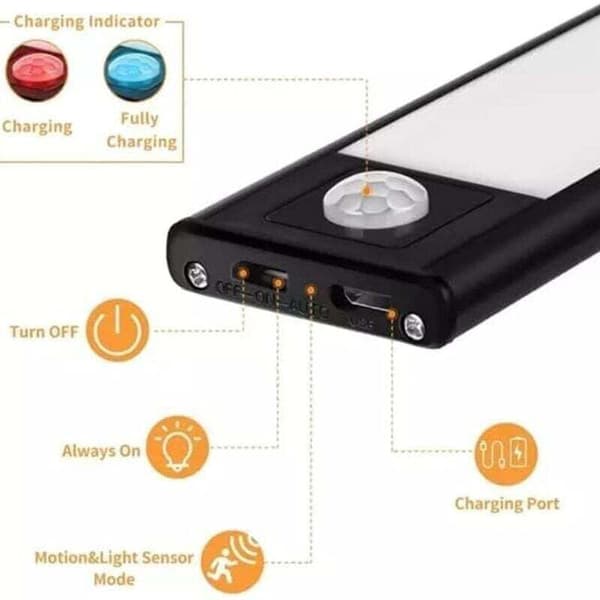 Rechargeable Magnetic LED Light, Smart Sensor, 3 Color Modes, Auto On/Off, No Drilling Required (Black, 40cm)