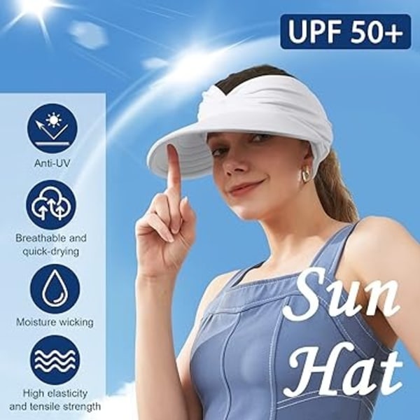 Valkoinen Visiirilippis Naisille, Ulkoilmakäyttöön Laaja Reuna Aurinkohattu, Taitettava ja Nopeasti Kuivuva UPF50+ Auringonsuojaus Rantahattu, Sopii Rannalle, Golfille, Juoksuun