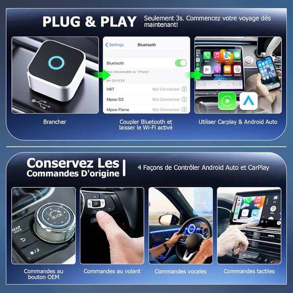 Egnet for Apple-bruk, egnet for Apple CarPlay trådløs adapter, 2-i-1 trådløs CarPlay & Android auto-adapter, WLAN 6 GHz