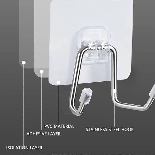 8-pack Heavy Duty Self-Adhesive Hooks - Self-Adhesive Removable Transparent Hanger for Home Office Kitchen Bathroom (Double Hooks)