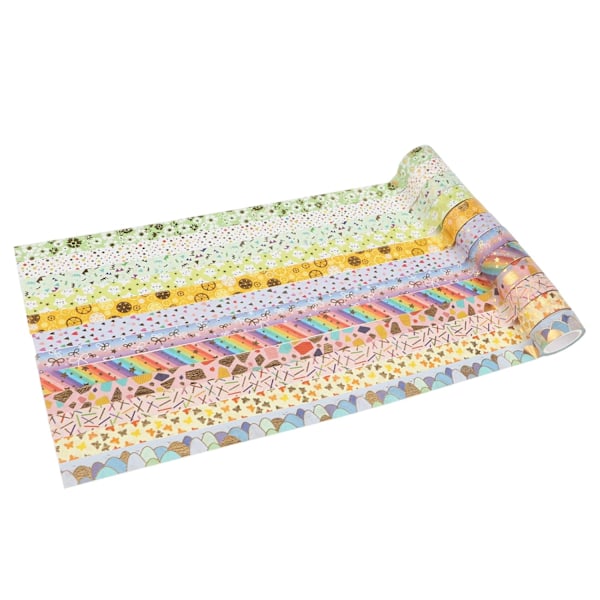 12 Rullar Blommigt Washi Tejp Set, 15 mm Bred, Färgglada Stjärnor Hjärta Regnbåge Blomma Fjäril Rosett Prick Mönster, Maskeringstejp Dekor (3m)