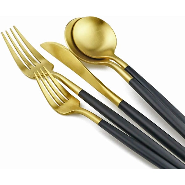Black Gold Flatware, 5-delt sett med matt svart håndtak i 18/10 rustfritt stål for 1, inkludert reisebestikk (Black Gold)