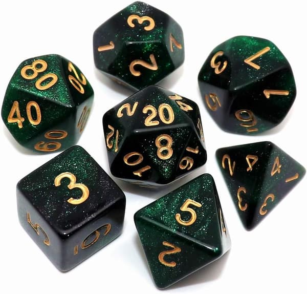 Flersidet DND Terningesæt Glitterterninger til Dungeons and Dragons RPG Grønne Blandede Sorte Nebulafarvede Terninger