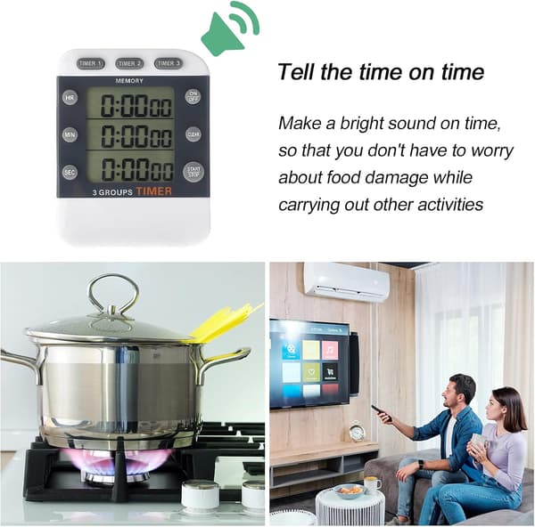 A set of two digital kitchen timers with 3 channels and countdown function, suitable for cooking, baking, grilling, and classroom use.