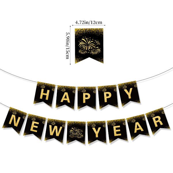 Svart & guld Happy New Year Dekorationer 2025, DIY-fri Happy New Year Banner med Happy New Year Hängande Virvlar
