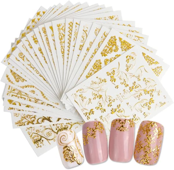 20 stk. Nail Art Dekaler, 3D Selvklæbende Bronzeguld Glitter