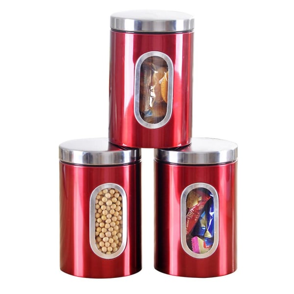 3 st matförvaringsbehållare i rostfritt stål Fuktsäker låda med glasfönster och lock av rostfritt stål (röd) Red