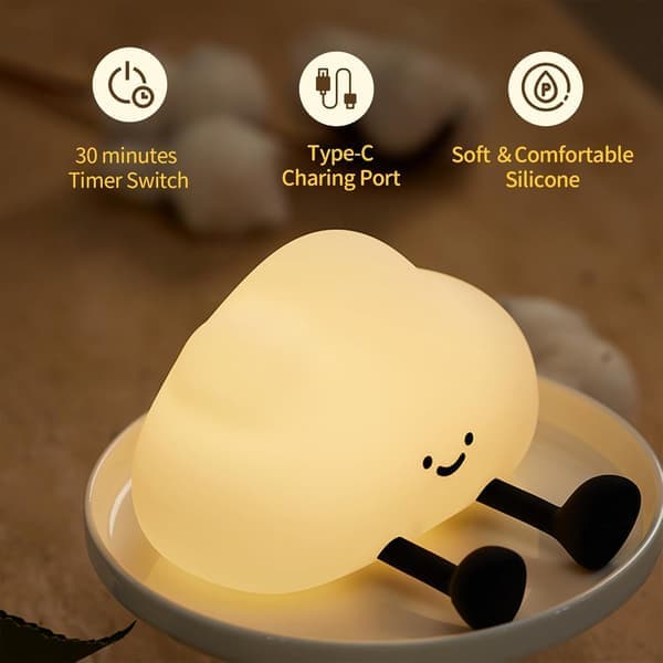 Cloud Night Light, Cute LED Silicone Squeeze Lamp, USB Rechargeable and 3-Level Dimmable, Portable Night Light with Timer