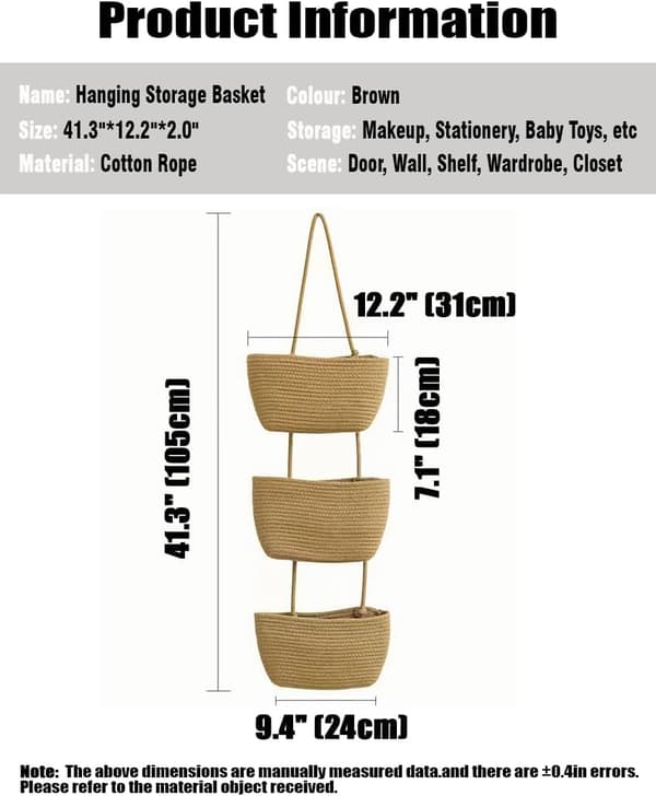 Wall Hanging Cotton Baskets - Large 3-Tier Decorative Baskets for Wall, Nursery, Bathroom (B-Brown)