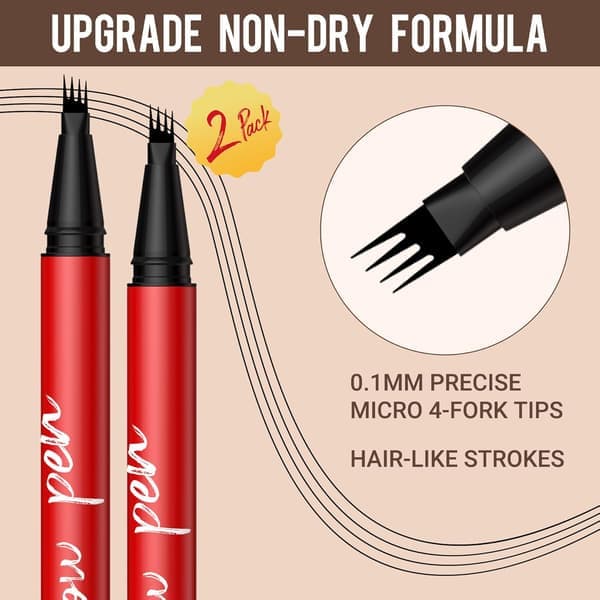 Eyebrow Pen - 2-pack 4-tip Precision Brush for Naturally Fuller Brows - Long-lasting