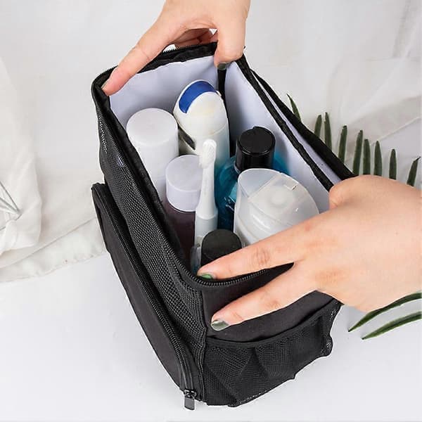 Hanging Toiletry Bag for Outdoor Use with Handle, Made of Waterproof Mesh Fabric - Black