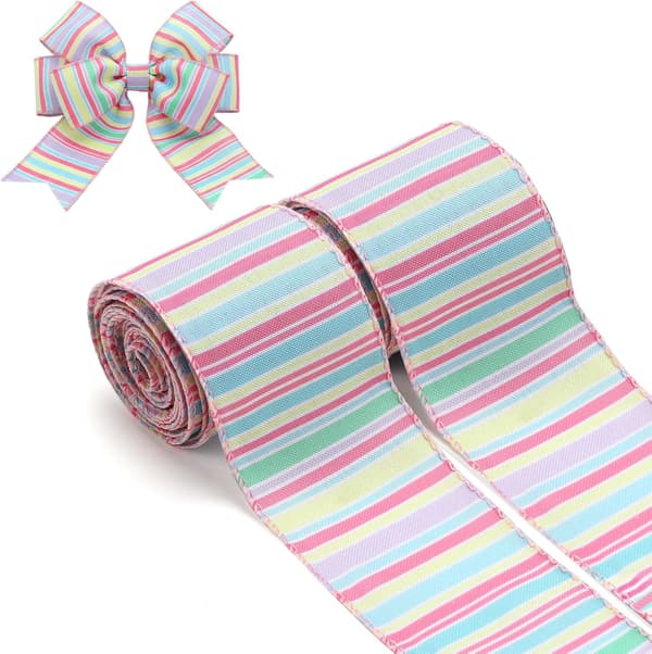 Easter Ribbon, Spring Ribbon, 2 Rolls, 6.3 cm, Synthetic Linen, Multicolor, Spring Striped for DIY Gift Wrapping