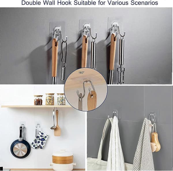 8-pack Heavy Duty Self-Adhesive Hooks - Self-Adhesive Removable Transparent Hanger for Home Office Kitchen Bathroom (Double Hooks)