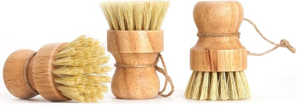 Bamboo Dish Brush, 3-pack for Cleaning Pots and Pans, with Hanging Loop, Kitchen