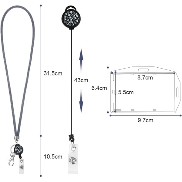 Korthållare med lanyard, kristall-lanyard med transparent ID-korthållare, lanyard och brickhållare set, nyckelrings brickhållare och halsband för nycklar Gray