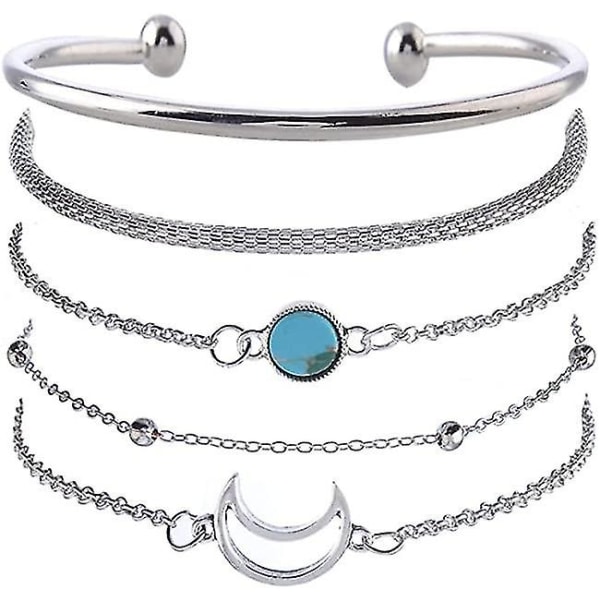 Set med 5 Silver Hand Moon Armband med Turkos och Pärlor Handkedja Armband för Kvinnor och Flickor