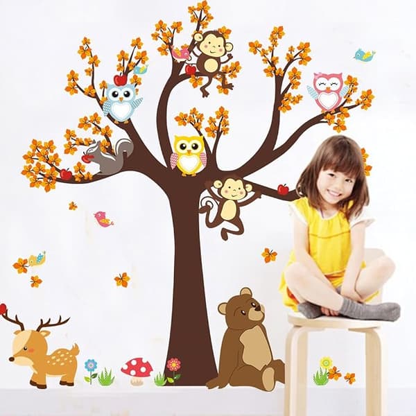 Cartoon Forest Animals Owl Monkey Bear Tree Wall Decals