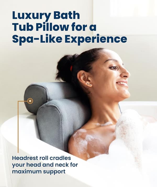 Luxury Bath Pillow with Headrest - Non-Slip Bath Cushion with Suction Cups - Feminine Jacuzzi and Spa Accessories - Grey