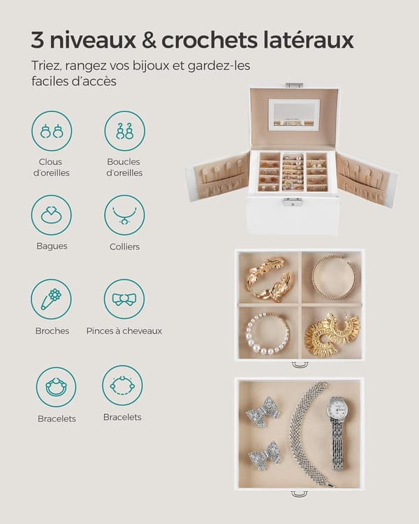 Tiered Jewelry Box, Accessory Case, Christmas Gift, with Handle, Cloud White Surface, Sand Beige Lining
