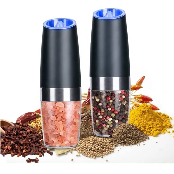 Gravity elektrisk salt- og pepperkvernsett, automatisk pepper- og saltkverner batteridrevet med justerbar grovhet, LED-lys, （svart）